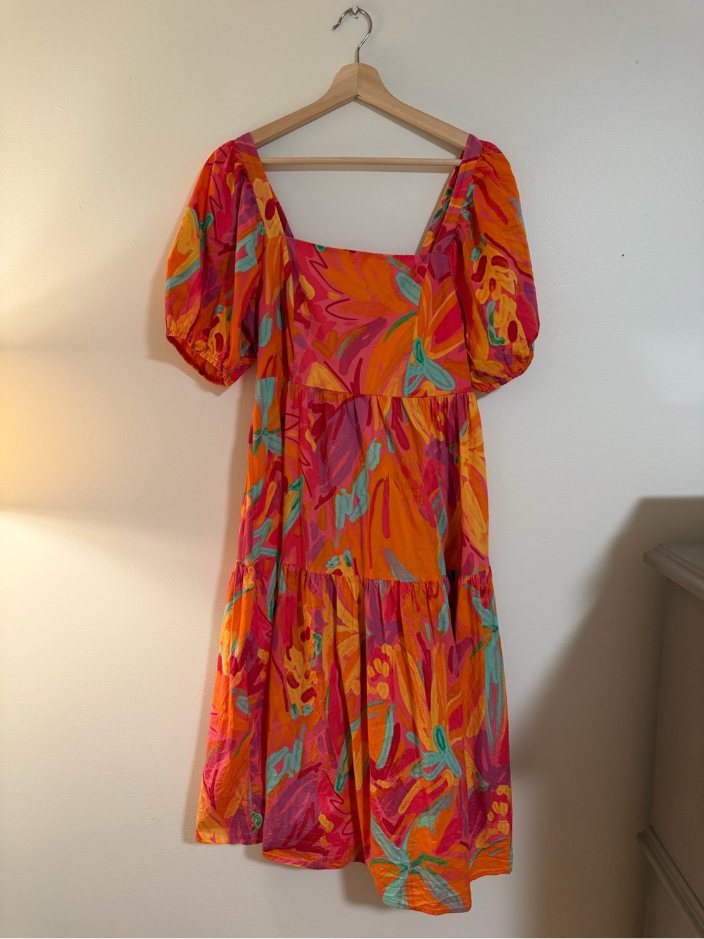 Crystal Sky Tropical Floral Puff Sleeve Midi Dress Pink Orange L